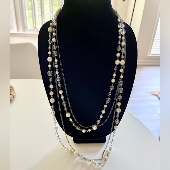 Vintage Chain & Faux Pearl 4-Strand Long Necklace - Picture 1 of 3